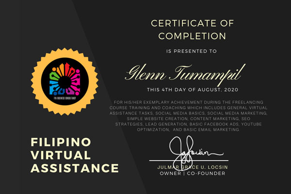 Freelancing Course Training Certificate - Filipino Virtual Assistance