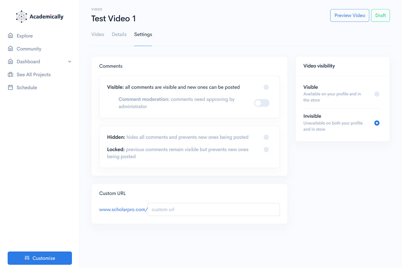 Academically - Videos create settings