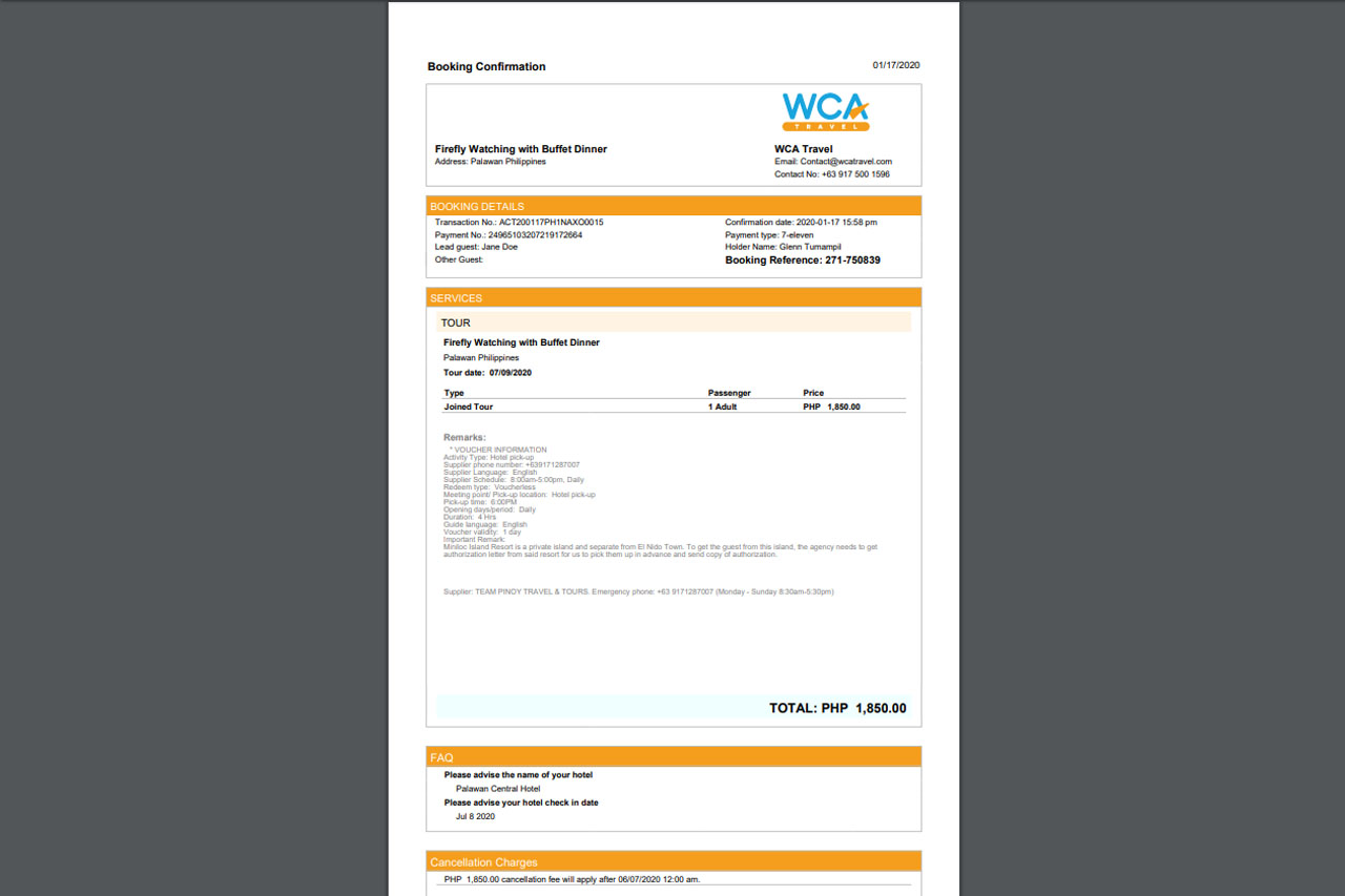 WCA - Tours - Booking Voucher