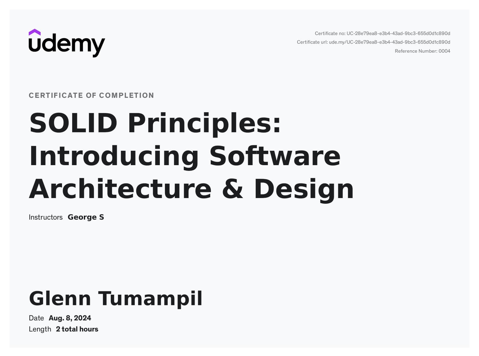 SOLID PRinciples: Introducing Software Architecture & Design | Udemy | George S